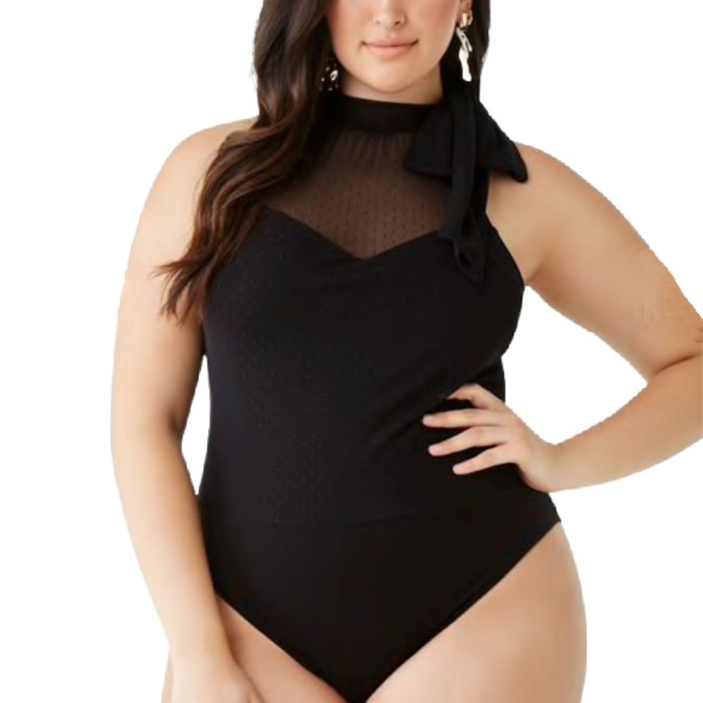 A Combo Bodysuit w/ a Sheer Swiss Dot Overlay
